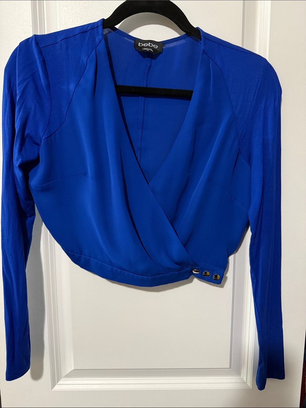 bebe Cobalt Blue Wrap-Front Long Sleeve Blouse